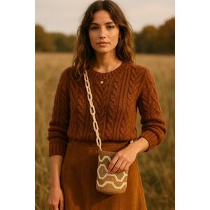 VEMOC Handwoven Beaded Crochet Bucket Bag – Gold & Beige Shoulder Purse Colombia